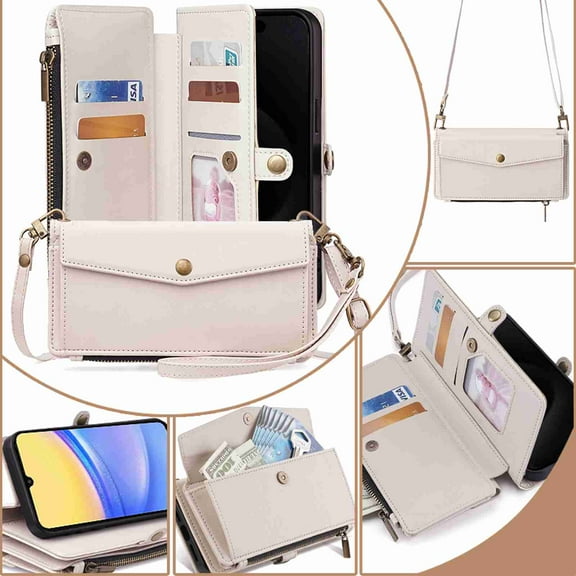 Dteck Phone Case for Samsung Galaxy A16 5G Zipper Wallet Cover, Shockproof PU Leather Card Holder Slot Stand Wrist Strap & Shoulder Strap Cell Mobile Case for Women Men, White