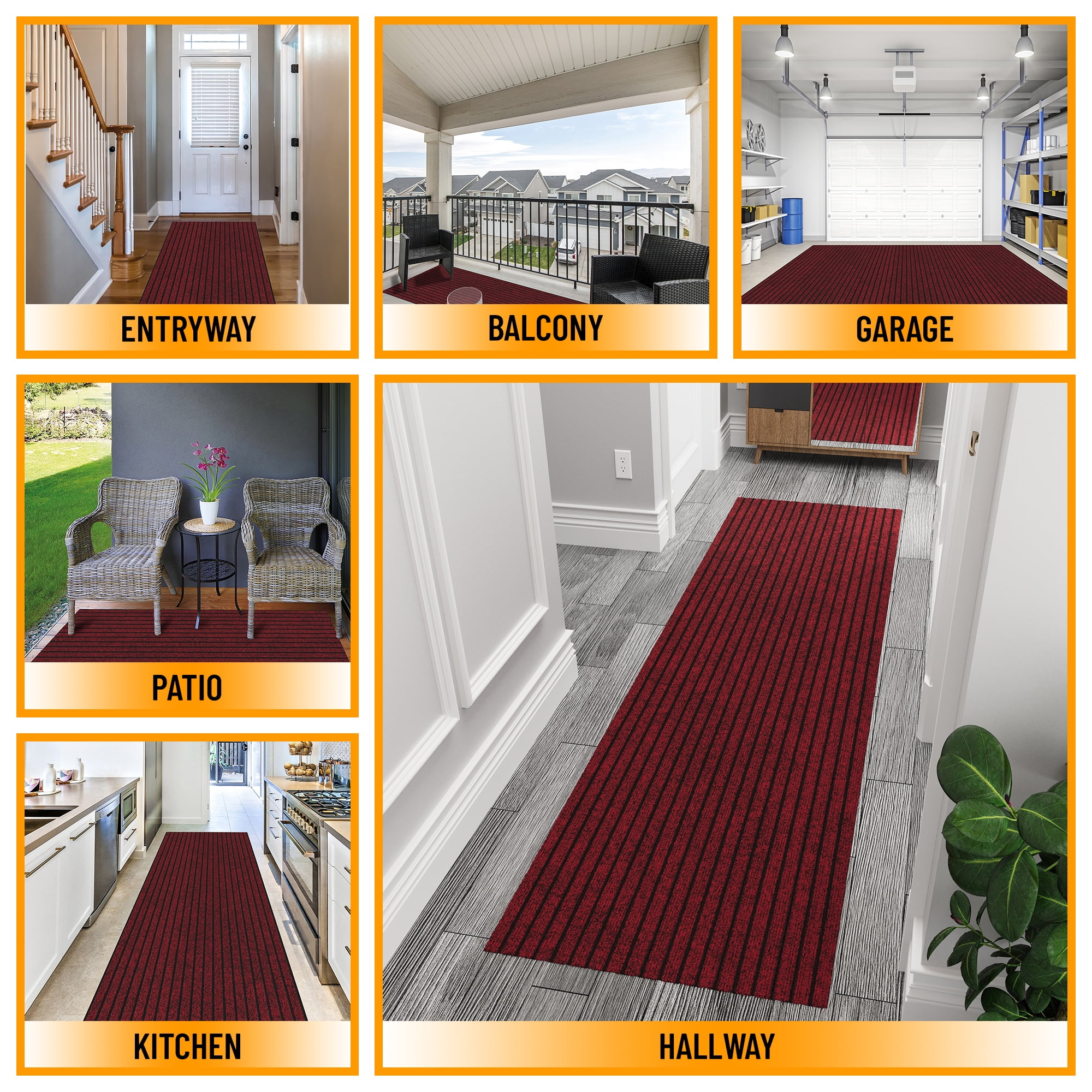 Ottomanson Non-Slip Hallway Runner Rug 2' x 16' Indoor/Outdoor Custom Size Utility Carpet for Garage, Red Ribbed