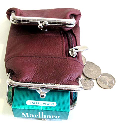 Women's - Leather Cigarette Case Coin Purse Double Twist Clasp Closure Zipper Pocket- Burgundy