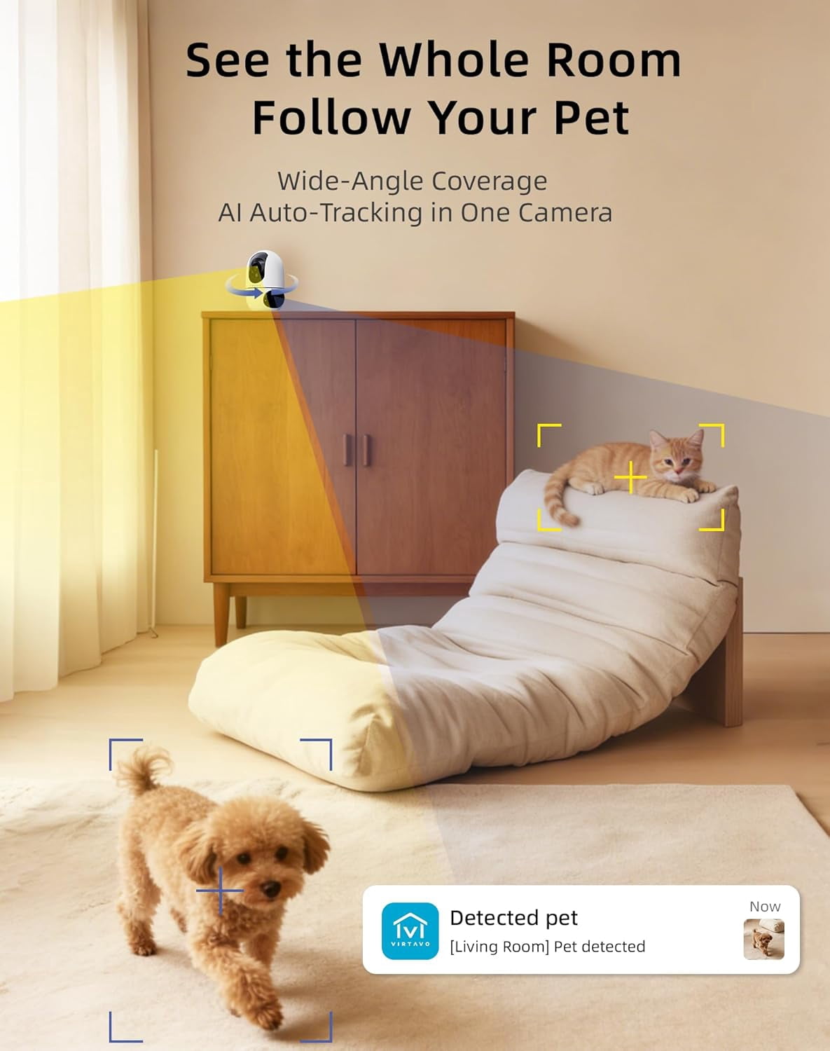 virtavo Pet Camera for Dogs & Cats, Indoor Security Camera with 360° PTZ, Smart Motion Tracking, 2‑Way Audio, Night Vision, Dual‑Lens Two Views in One, No Monthly Fee, 2.4GHz WiFi