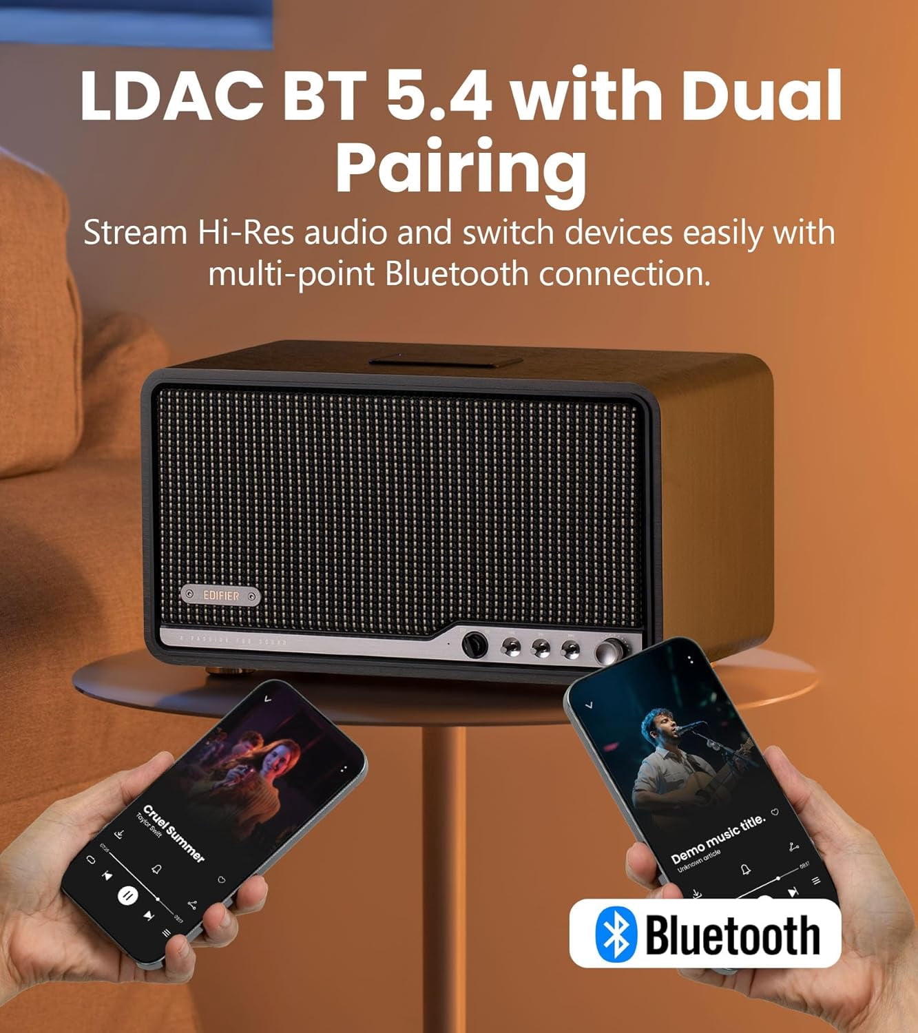 Edifier S300 Hi-Fi Tabletop Speaker, Hi-Res Audio LDAC for Wireless Multi-Room & Stereo Pairing, 80W Power Works with AirPlay 2 Bluetooth 5.4 USB-C AUX Inputs, Retro Design with Remote - Black