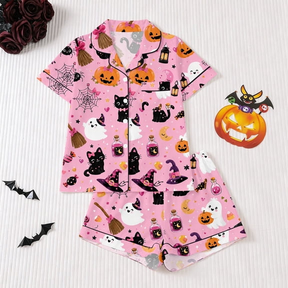 FASHOFT Girls Halloween Pajamas Set 2 Piece Cute Pumpkin Ghost Print Button up Shirts and Shorts Pj Silk Satin Sleepwear Loung Sets Pink 3-4 Years
