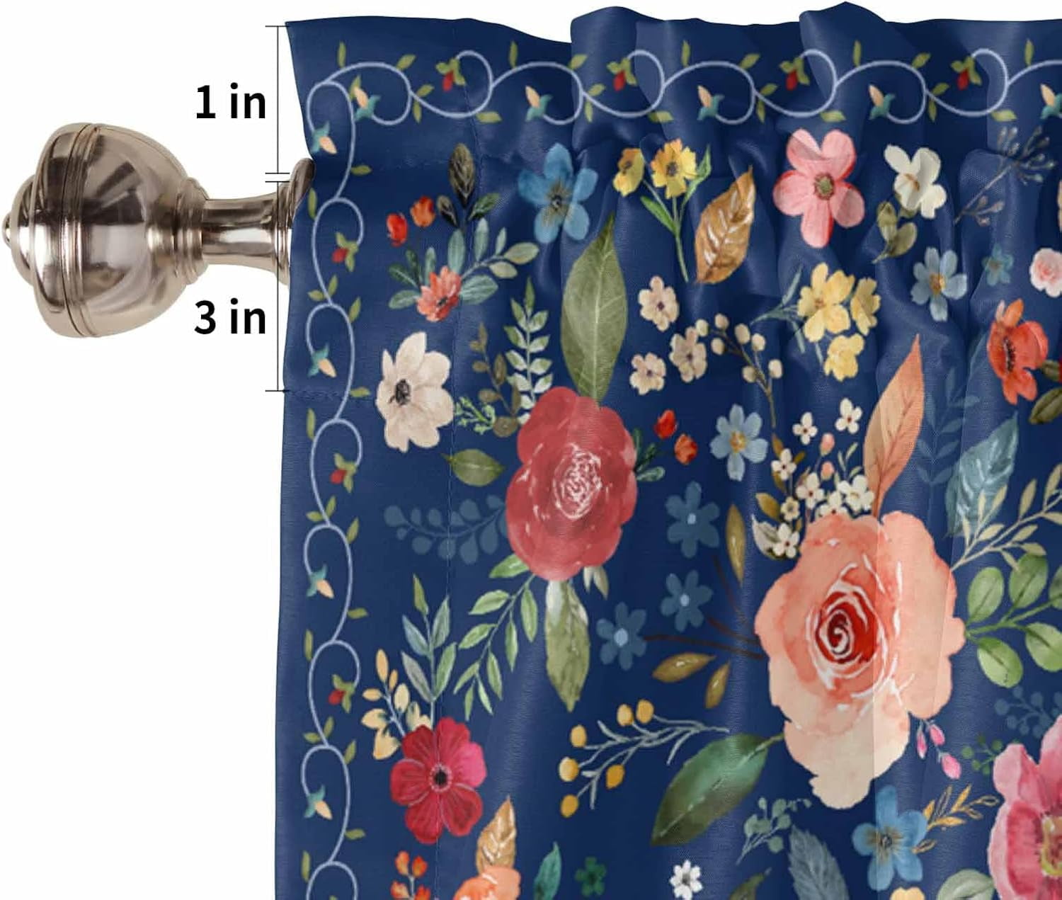 Flowers Blue Kitchen Curtains and Valances Set, Rod Pocket Curtains Tier Farmhouse Window Curtains 36 Inch Length, Summer Floral Leaves Farmhouse Retro 3 Piece Kitchen Curtains Set