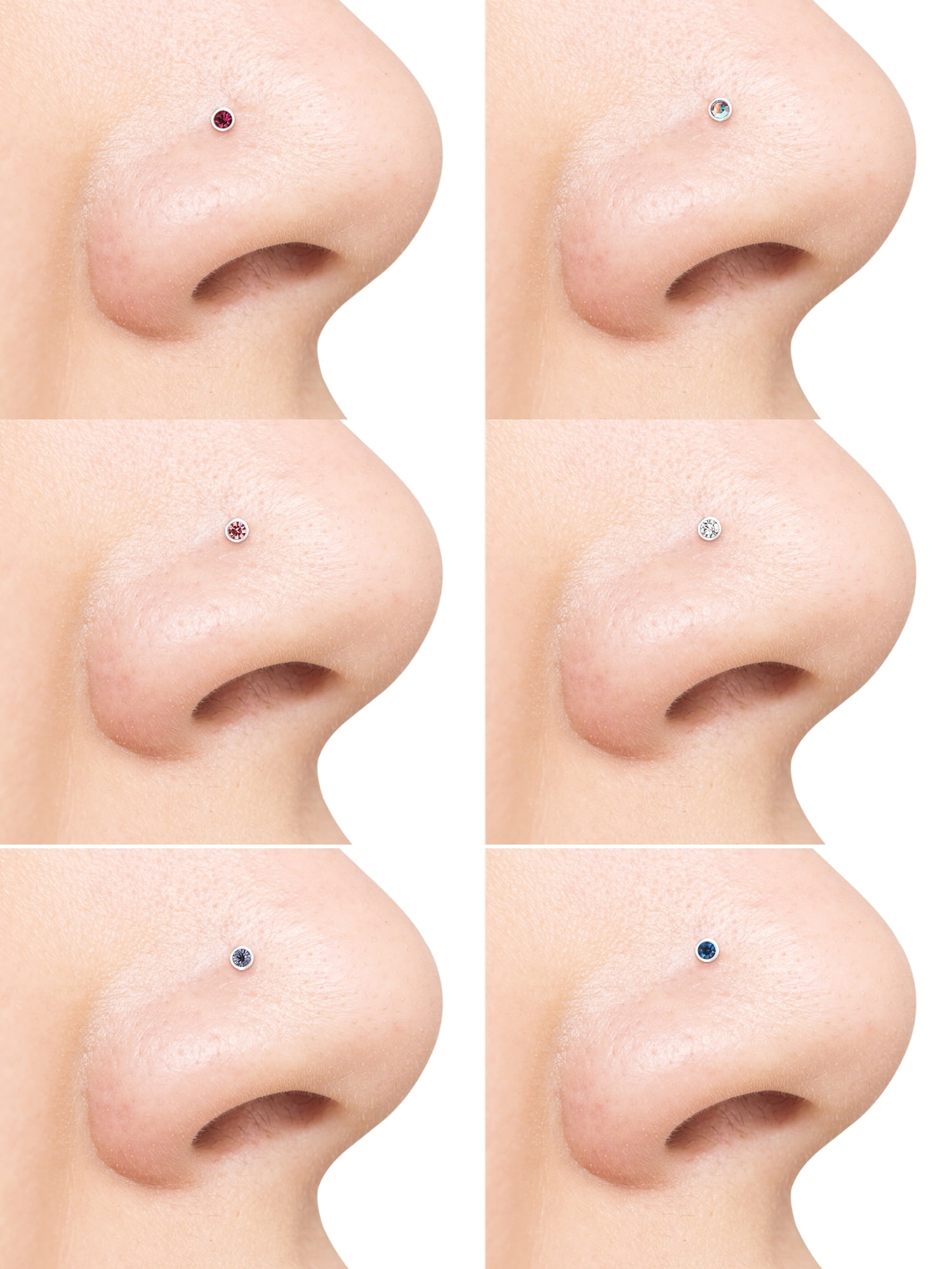 Women's Multi-Colored Crystal Stainless Steel 22G Nose Studs Set, 6-Pack