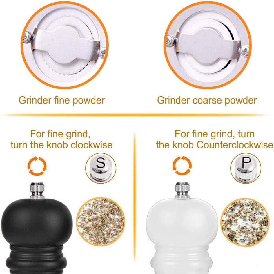 Premium Salt and Pepper Grinder Set of 2, Wood Salt and Pepper Shakers with Ceramic Core, Refillable Manual Sea Salt Pepper Mill Adjustable Coarseness for Spice/Chili/Sesame, 8 Inch (Black+White)