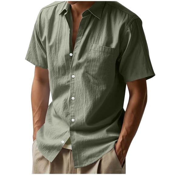 RYRJJ Men Summer Beach Shirts Stylish Cotton Linen Button Down Shirt Casual Vacation Cuban Top with Pocket(Army Green,XXL)