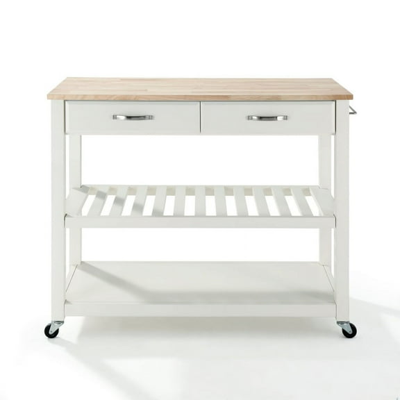 NATURAL WOOD TOP KITCHEN CART/ISLAND WITH OPTIONAL STOOL STORAGE IN WHITE FINISH