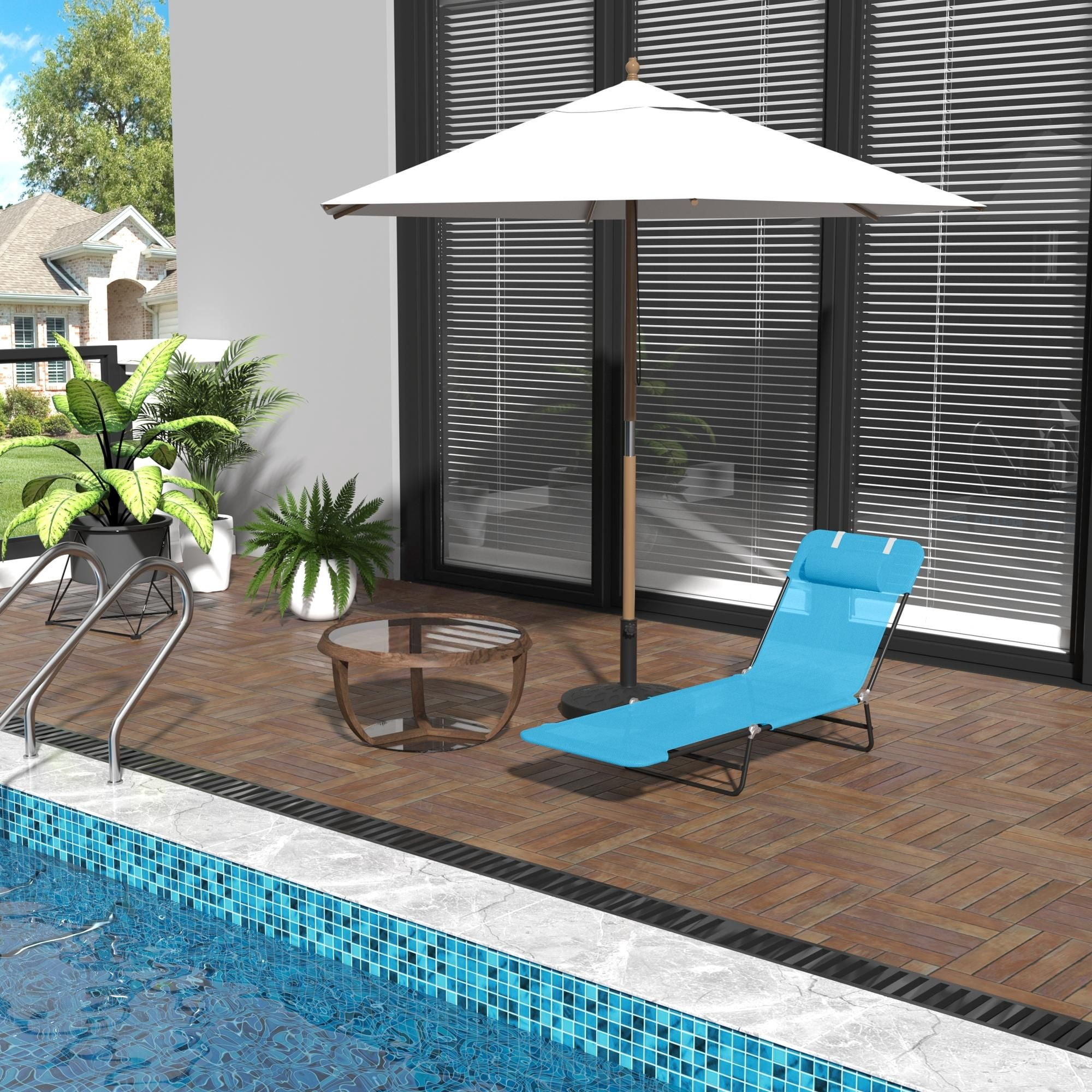 5-Position Reclining Foldable Outdoor Chaise Lounge with Head Pillow, Powder Coated Steel Breathable Quick Dry Mesh Pool Beach Lawn Lounge Chair Supports 264lbs Cream