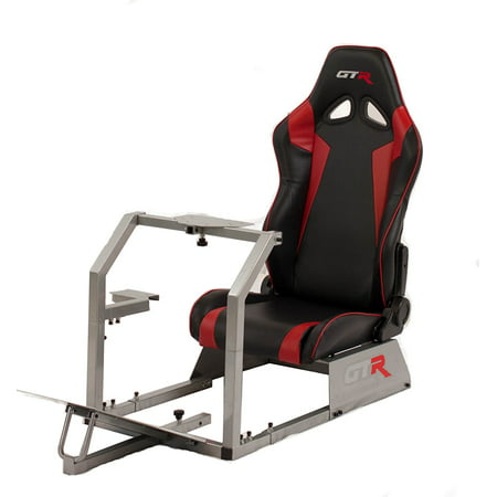 GTR Racing Simulator GTA-S-S105LBLKRD GTA 2017 Model Silver Frame with Black/Red Real Racing Seat, Driving Simulator Cockpit Gaming Chair with Gear Shifter