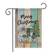 Happy Camper Rustic Turquoise Wood Texture RV Van Christmas Garden Flag, Farmhouse Festive Camping Holiday Outdoor Decor for Yard Lawn Backyard Porch 12x18 Inch Double Sided