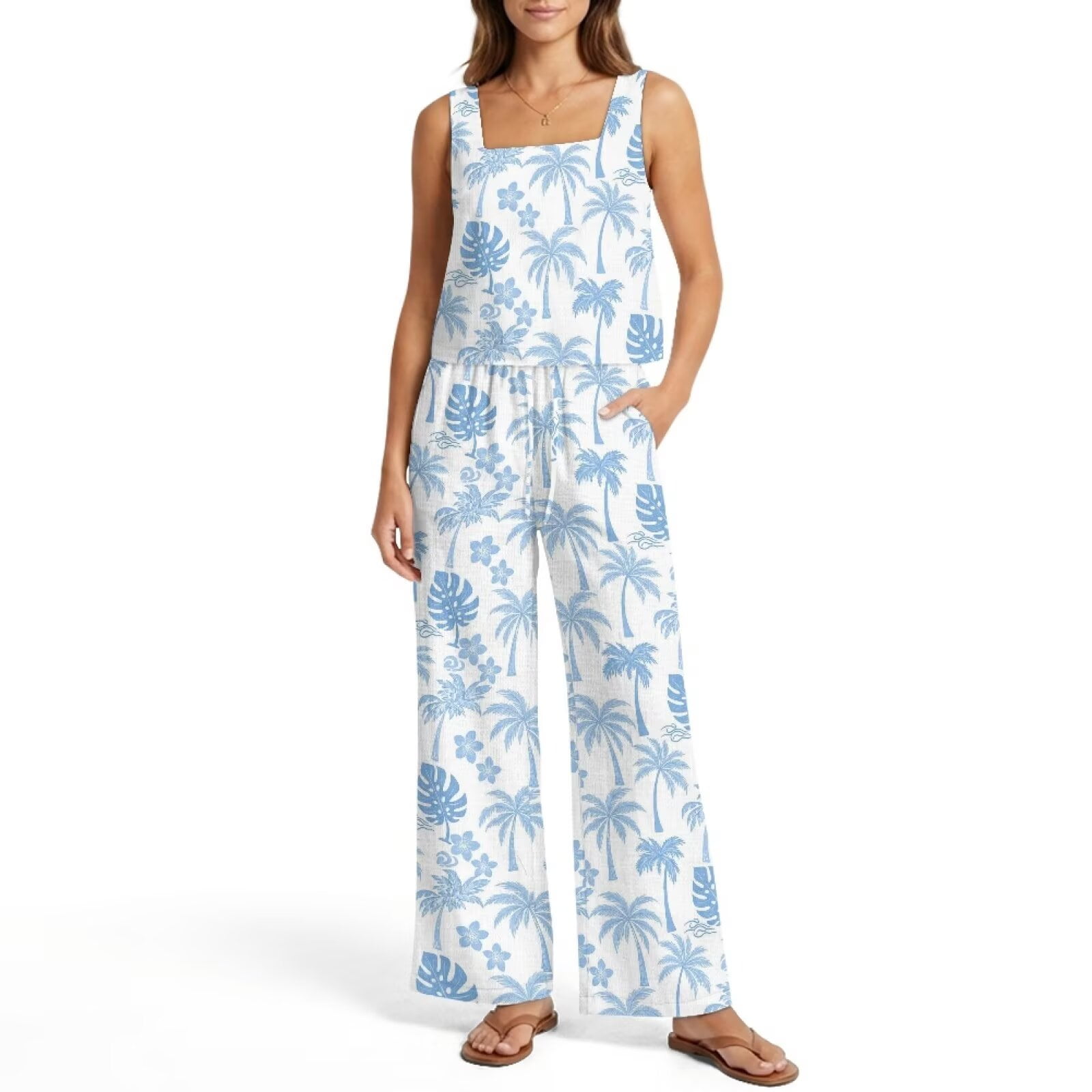 Xixirimido Blue Tropical Palm & Monstera Leaf Print Women s Two Piece Set Matching Tank Top and Pants Set Summer Outfits Casual Beach Vacation Clothes L