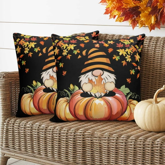 Outdoor Waterproof Pillow Covers Gnome on Autumn Pumpkins Decorative Throw Pillow Protectors for Patio Sofa Garden Couch,18x18in 2 Pack
