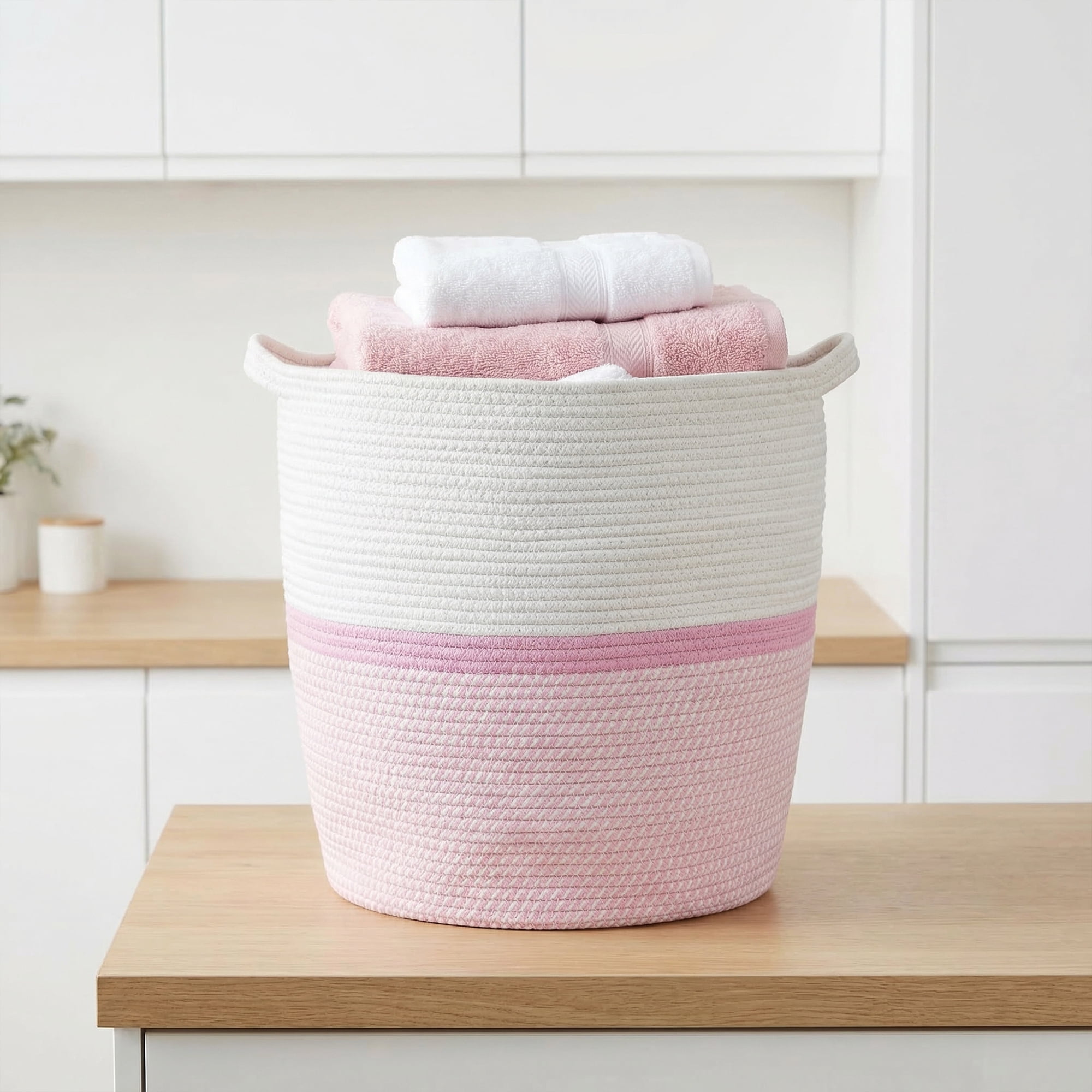 Unique Bargains Multiple Use Woven Shelf Closet Storage Bin White Pink 14*14*16.9in