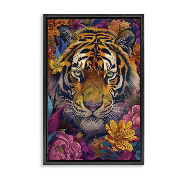 Stupell Industries Peering Tiger Through Flowers Animals Painting Black Floater Framed Canvas Art Print Wall Art, 17 x 25