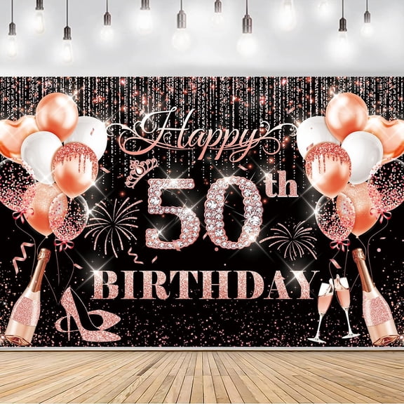 50th Birthday Decorations for Women Her, Rose Gold 50th Happy Birthday Banner Backdrop Decor Welcome Background Sign for Fifty Year Old Birthday Party Supplies Indoor Outdoor