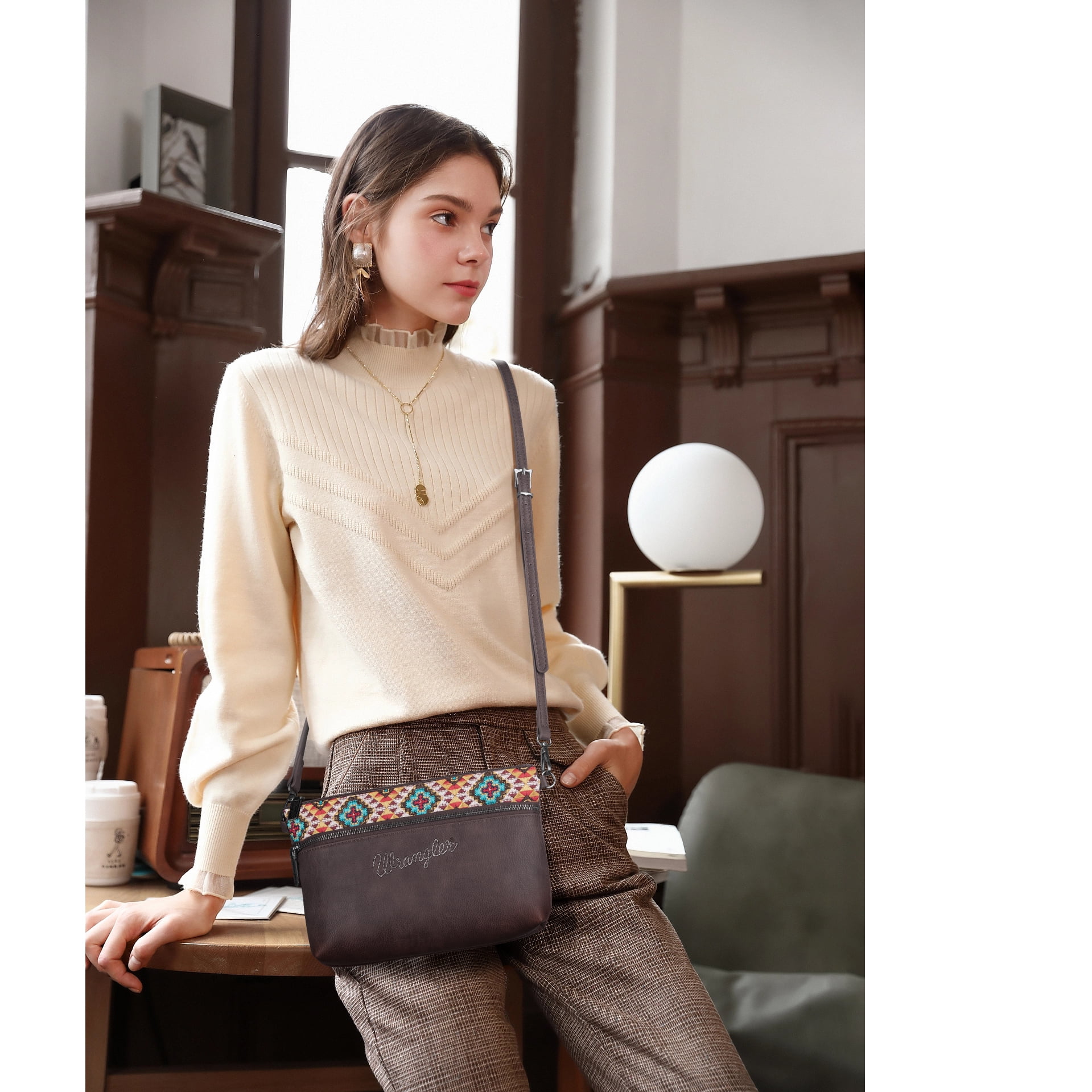 Wrangler Western Cowhide Crossbody Bags for Women Clutch Wristlet Purse, Embroidered-coffee