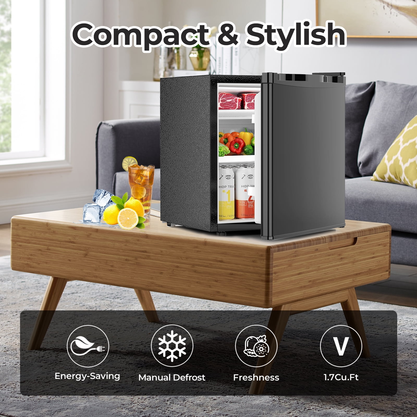 WAA 1.6 cu.ft Small Upright Mini Fridge with Freezer - Removable Shelves,7-Level Adjustable Thermostat,Low Noise,Suitable for Bedroom/Apartment/Office(Black)