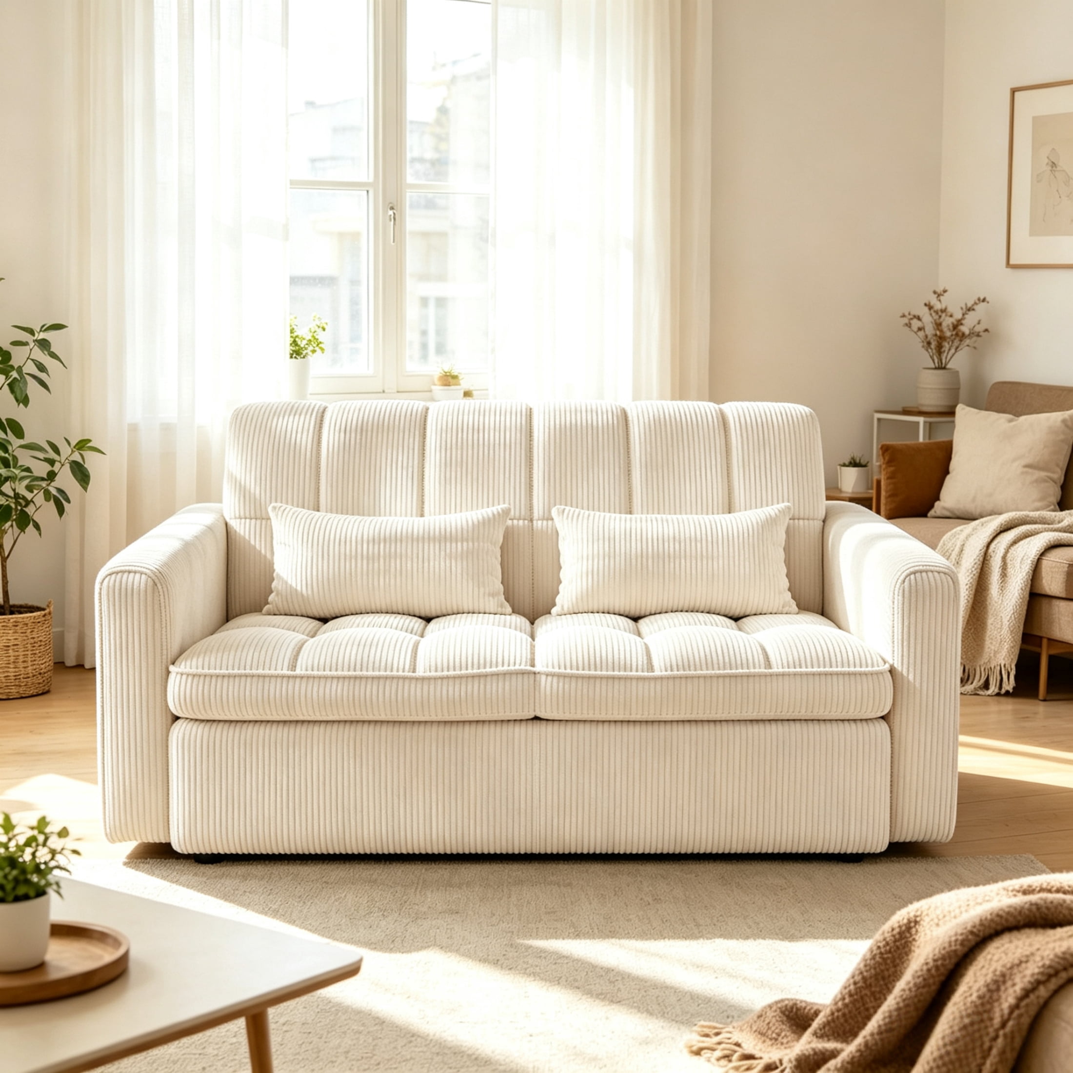 Anpport 55" Striped Corduroy Loveseat, Convertible Sleeper Sofa Bed for Small Spaces, Beige