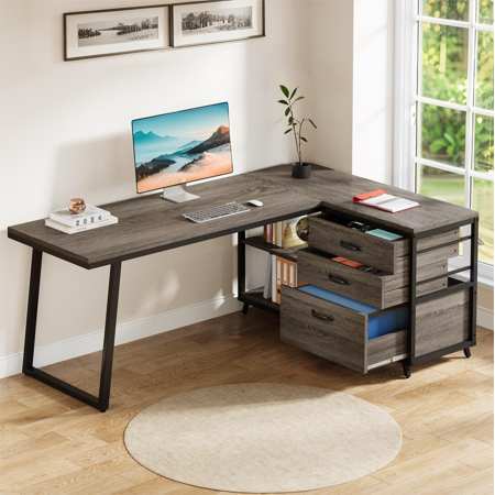 Lantine 53.15 L-shaped Computer Desk with 3 Drawers Wood Tabletop Metal Frame Office Desk Gray