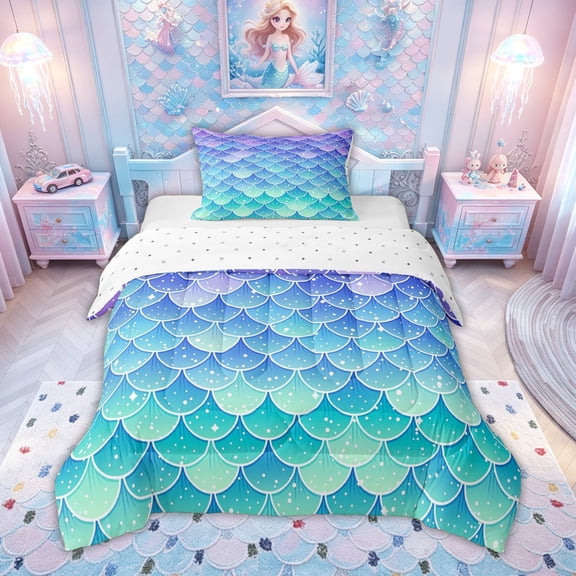 meiyoeat Ombre Sparkle Mermaid Twin Comforter Sets for Girls, Gradient Star Ocean Wildlife Bedding Set, Blue Purple, Reversible, 2pcs, 1 Comforter and 1 Pillowcase
