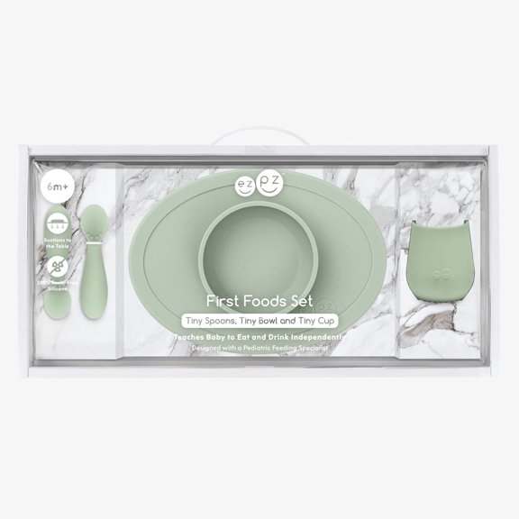 ezpz First Foods Set (Sage) - 100% Silicone Suction Bowl, 2oz Cup, Tiny Spoons - Designed by a Pediatric Feeding Specialist - 6 Months+