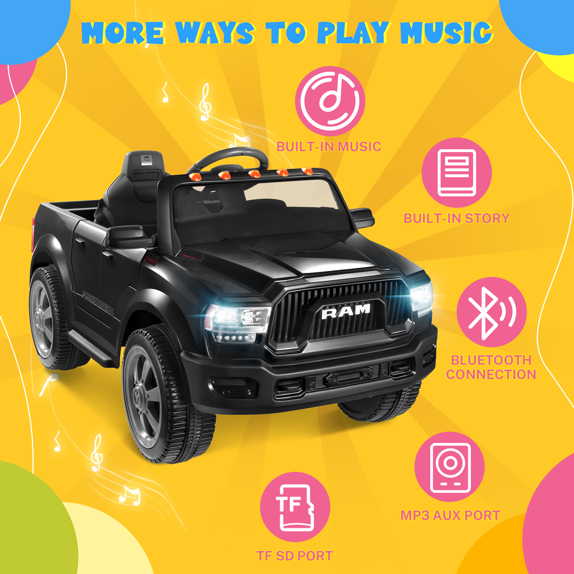 Ram Ride on Cars, 12V Licensed Powered Dodge Ram Ride on Toy Car with Remote Control, Electric Truck Car for Kids 3-5 w/Music Player/LED Headlights/Safety Belt/Water Cup Holder, Black