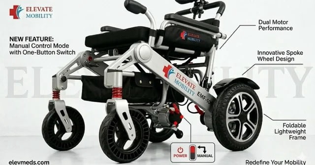 EM-100F Electric/Manual, Remote-Control Electric Wheelchair with Control Joystick and Shopping Bag