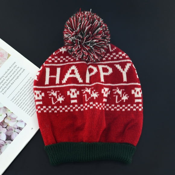 Christmas series printed with HAPPY pattern, knitted hat, wool ball, woolen hat, red