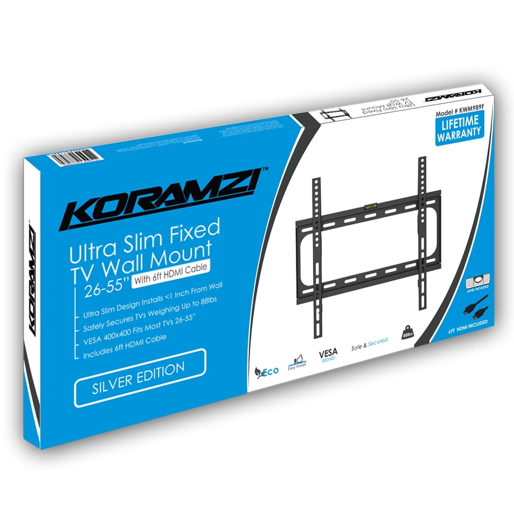 Koramzi KWM989F Wall Mount Fixed TV Mount with 3-Axis Bubble Level and 6 ft. HDMI Cable
