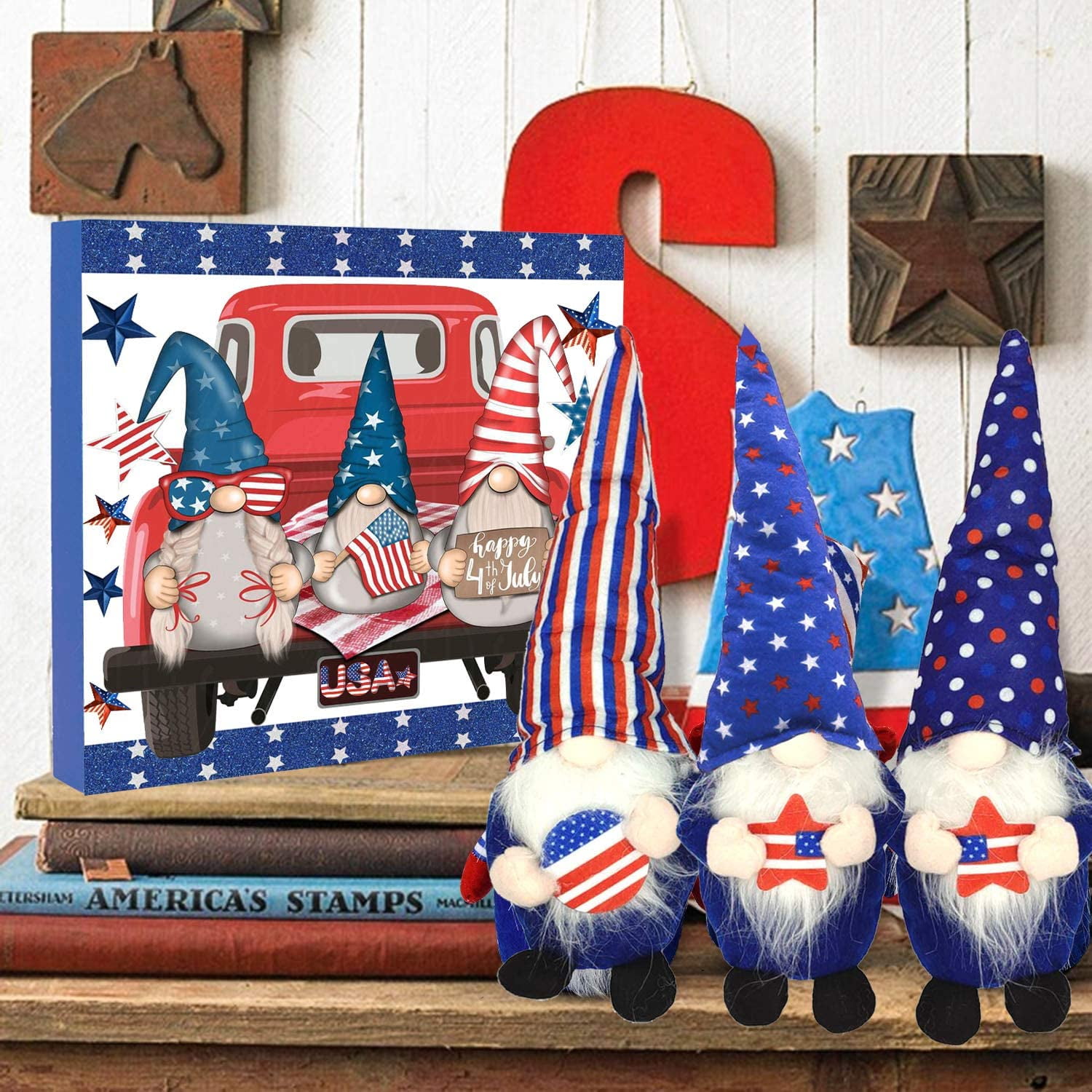 Memorial Day Patriotic Tiered Tray Decor Large 4th Of July Wood Sign 11 Natural Wood Sign Independent Day Gnome Design Wood Blocks America Fourth Of July Home Decor Happy 4th Of July