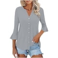 thumbnail image 1 of Craaazy Women's Relaxed Fit V Neck Blouse, Solid Color 3/4 Sleeve Flare Cuff Top, Loose Comfy Button Accent Casual Tee for Spring & Summer Gifts, 1 of 7