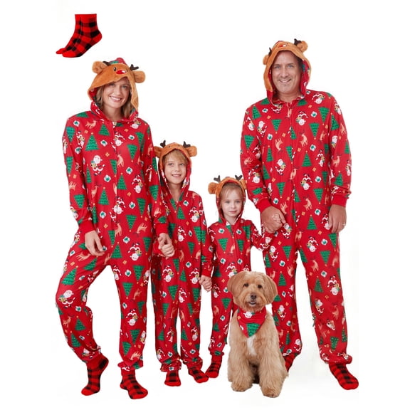 PatPat Family Christmas Pajamas for Women One Piece Red Reindeer Holiday Pjs Gift with Christmas Socks Womens Pajamas Sleepwear for Adult M