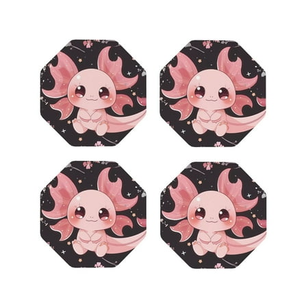 

Matuu Chibi Axolotl Sakura Fantasy for Cup Coasters Set of 4 Leather Coasters Desk Coasters for Office Measures 4” x 4”-Octagon