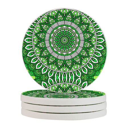 

Circular Drink Coasters Set Green Mandala Seamless Pattern Beautiful Home Decor Diatomite Heat-Resistant Diatomite Protect Table Countertop