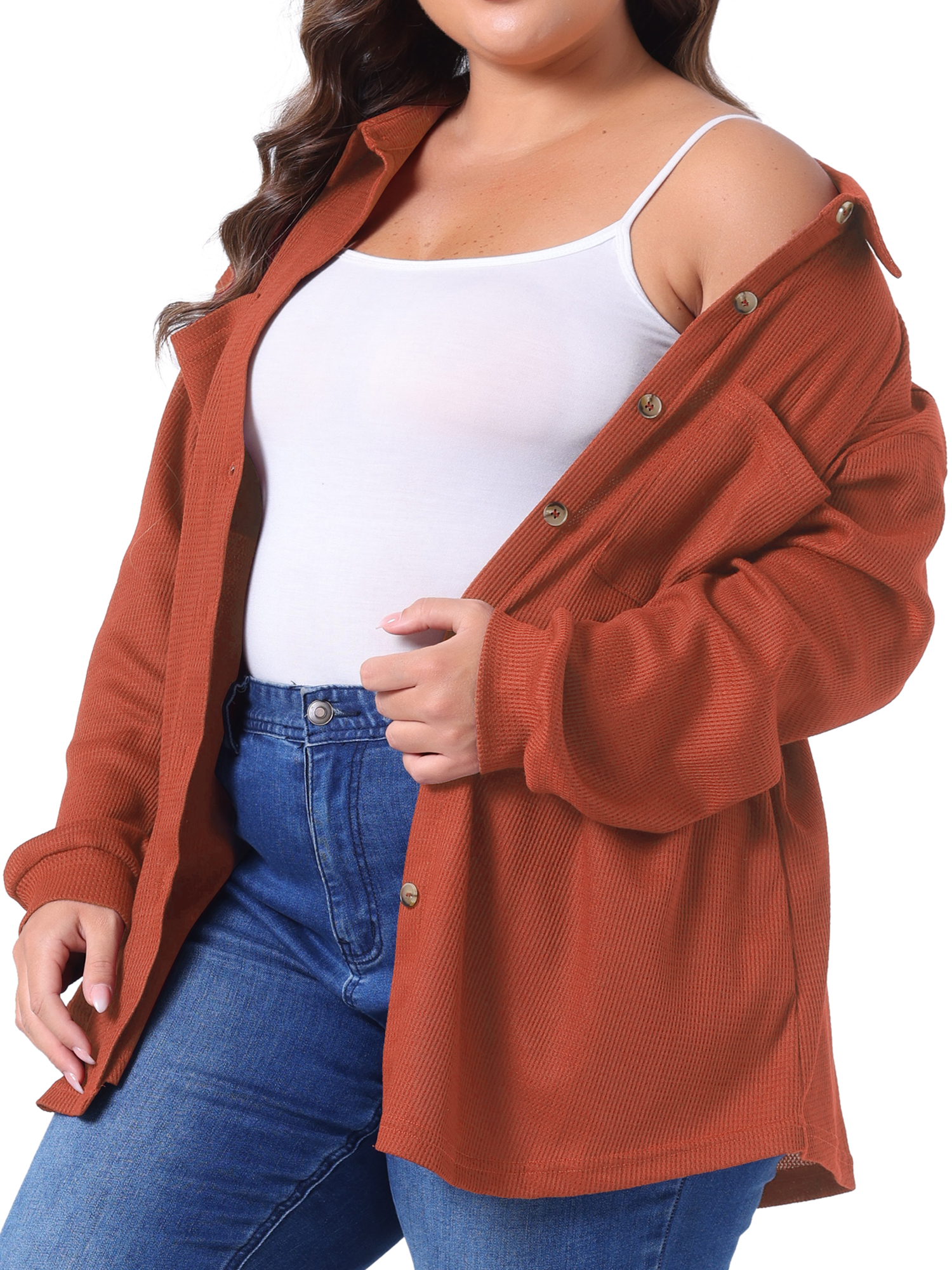 DARING DIVA Plus Size Waffle Knit Shirt Long Sleeve Button Down Jacket 4X Orange