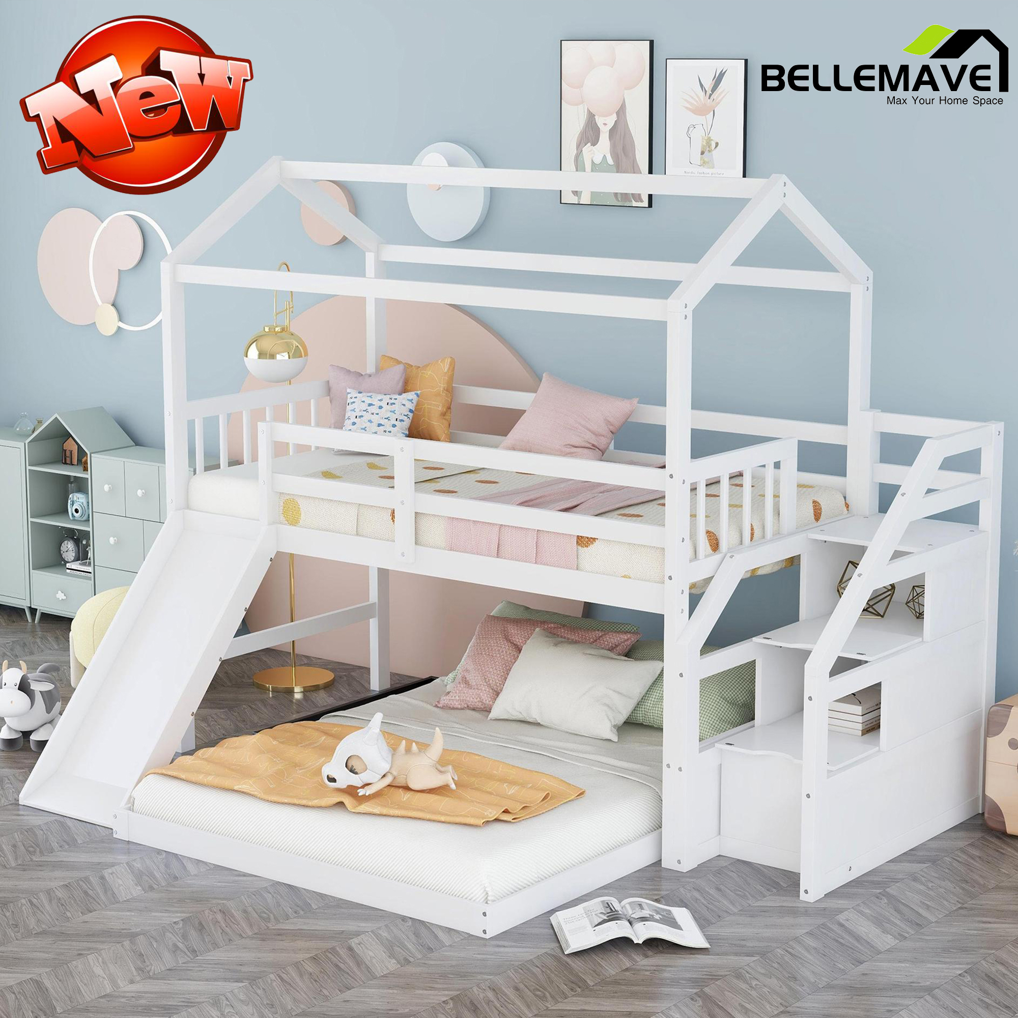 House Bunk Beds with Slide/Bunk Beds Twin over Full, Kids Bunk Bed with