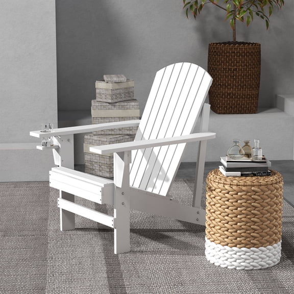 Patio Furniture Outsunny Wooden Adirondack Chair, Outdoor Patio Lawn Chair with Cup Holder, Weather Resistant Lawn Furniture, Classic Lounge for Deck, Garden, Backyard, Fire Pit, White,Patio Chairs