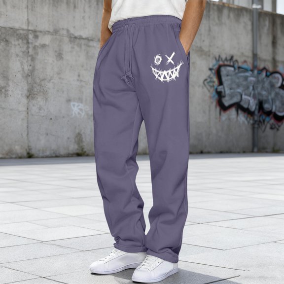 Guieoi Winter Warm Pants Plus Size Men's Fashion Drawstring Elastic Waist Solid Color Casual Sweat Length Pants Purple