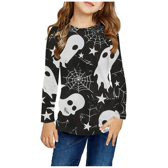 Odeerbi Toddler Girls Fall Winter Basic Layering T-Shirt Halloween Basic Tees 3-14 Years Kids Long Sleeve Shirt Halloween Pullover Base Layer Shirts Toddler Clothes Black
