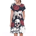 thumbnail image 1 of Balery Gothic Skulls And Roses Vestidos sueltos de manga corta para mujer, vestidos de verano 2025, vestidos casuales de corte A con vuelo., 1 of 6