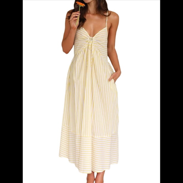 Vestido de Verano con Cuello en V para Mujer, A Rayas, Estilo Bohemio, para Playa, con Tirantes Finos y Lazo en la Espalda. Amarillo M