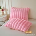 thumbnail image 2 of XeGe Set of 2 Fluffy Faux Rabbit Fur Pillowcases, Luxury Striped Plush Fuzzy Zippered Pillow Cases, Decorative Shaggy Furry Ribbed Long Pillow Shams for Bedroom Living Room 20x36, King, Pink, 2 of 7