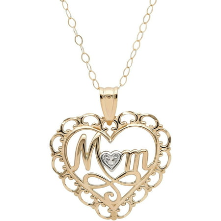Simply Gold 10kt Yellow Gold with Rhodium Filigree Border Heart with Mom Pendant, 18