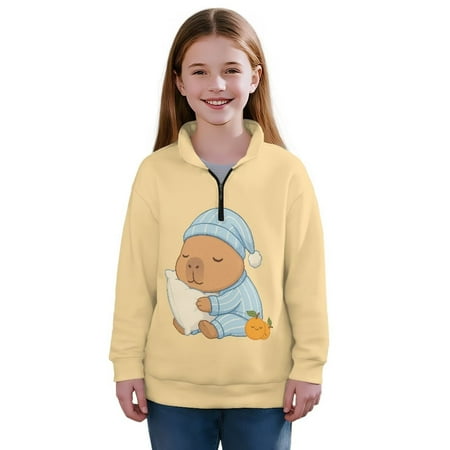 Chaqlin Capybara Orange Zipper Sweatshirt for Kids Girls Quarter Zip Up Pullover Lightweight Comfy Casual Long Sleeve Fall Winter Top Size 11-12