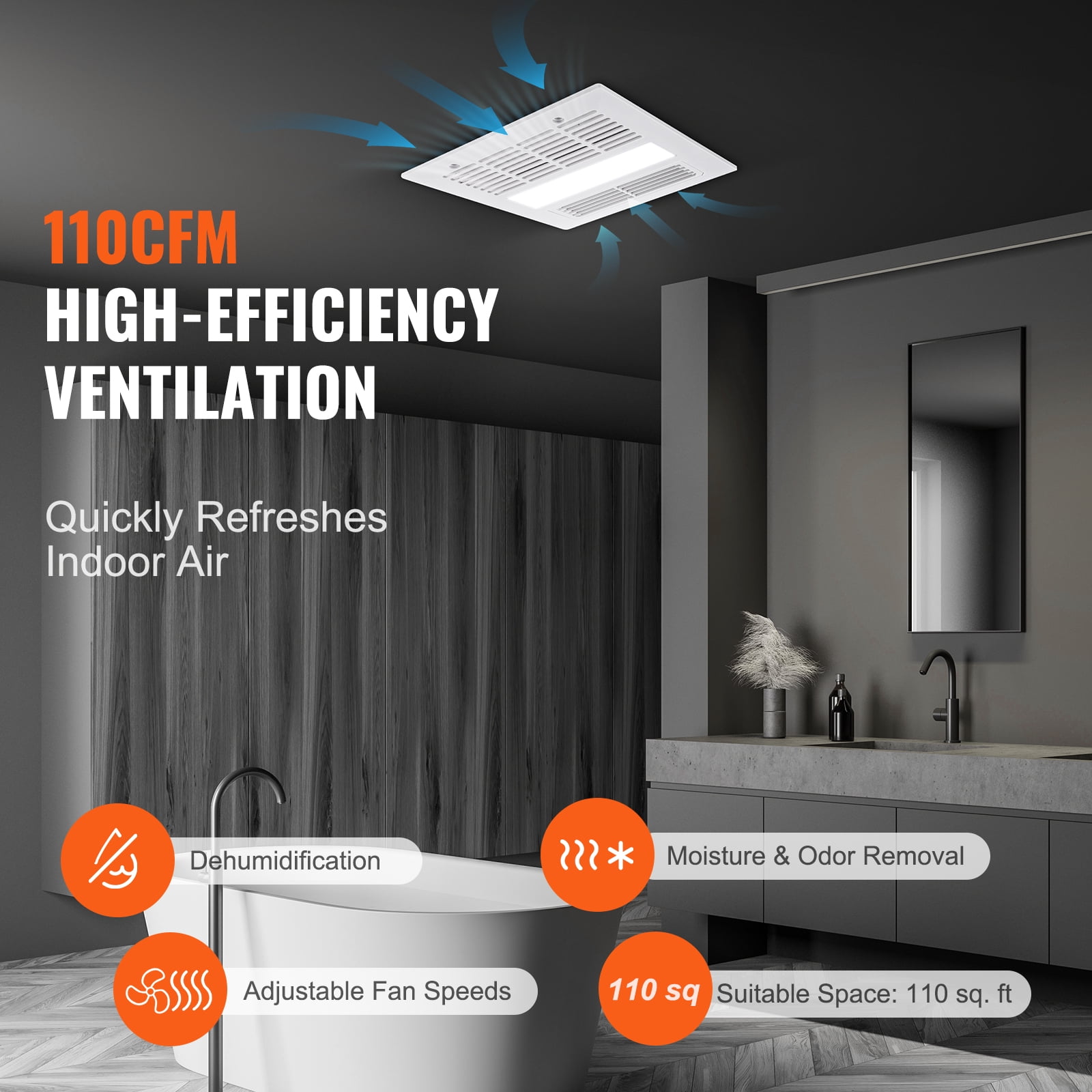 VEVOR Bathroom Exhaust Fan, 1500W Heating, 110 CFM High-Efficiency Ventilation, 1.5sones Low Noise Operation, Energy-Saving Bathroom Ceiling Fan, For Various Ceilings
