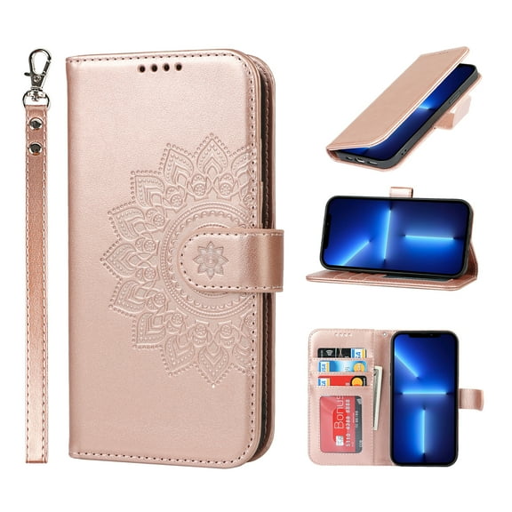Dteck Case For iPhone 13 Pro Max,360 Protection PU Leather Shockproof Magnetic Flip Wallet Stand Cover with Wrist Strap.For iPhone 13 Pro Max,Rosegold