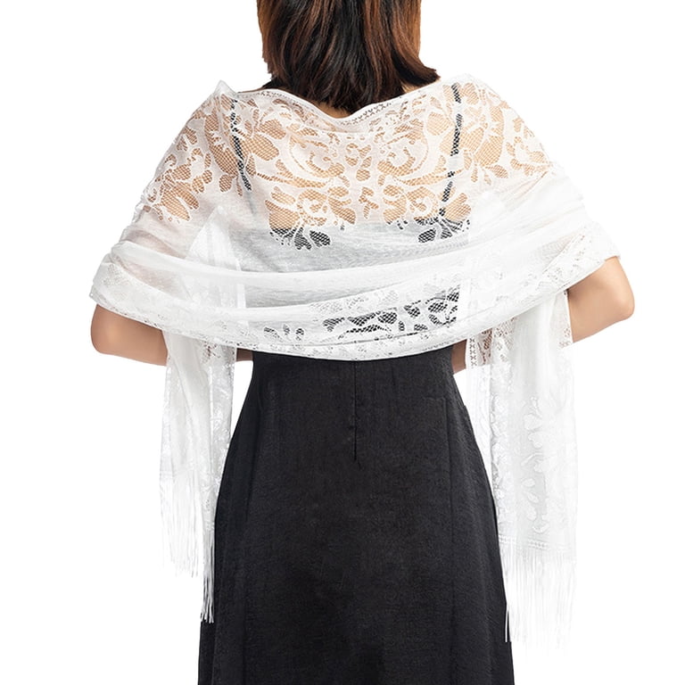 FUNUONY Lace Floral Shawls and Wraps for Women Evening Formal Dresses Wedding Bridal Shawl Mesh Scarf Shawl With Tassels Bride Bridesmaid Shawl Veil for Wedding Sheer Formal Party Dress Elegant Scarf