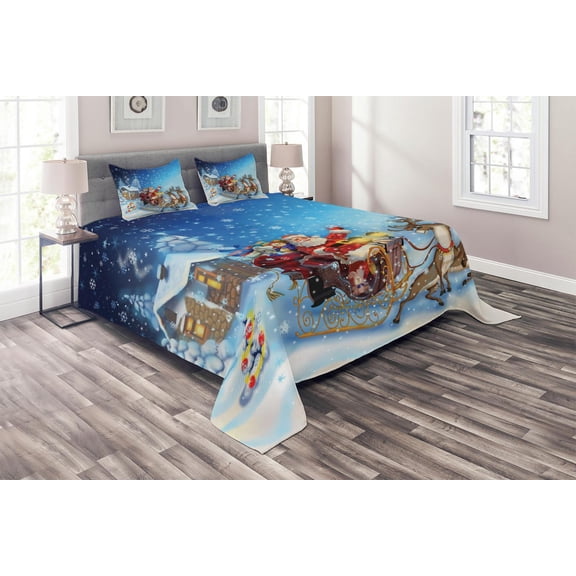 Ambesonne Christmas Quilted Coverlet 3 Pcs, Santa in Sleigh, King Size, Navy Blue