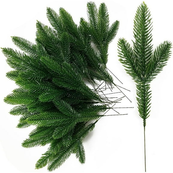48Pcs Artificial Pine Branches, 10.2 In Faux Plants Cedar Spring Pine Winter Leaves Christmas Tree Filler Branches, Realistic Christmas Greenery Green Pine Needles Picks and Stems for Christmas Decor