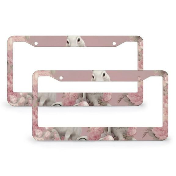 License Plate Cover Floral Rabbit With Pink Flowers Car Tags Frames Holder 2 PCS Bunny Rabbit Gifts Stainless Aluminum License Plate Frame Funny Cute for USA Canada Vehicles 12.2 X 6.3 inch
